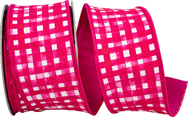 2.5" X 10 YARDS WATERCOLOR CHECK DELUXE DUPIONI BACKED RIBBON HOT PINK Wired Ribbon - Burlap and Bling Decor