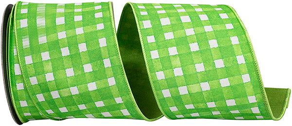 4" X 10 YARDS WATERCOLOR CHECK DELUXE DUPIONI BACKED RIBBON GREEN Wired Ribbon - Burlap and Bling Decor