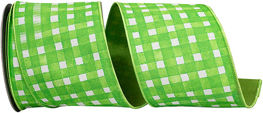 4" X 10 YARDS WATERCOLOR CHECK DELUXE DUPIONI BACKED RIBBON GREEN Wired Ribbon - Burlap and Bling Decor