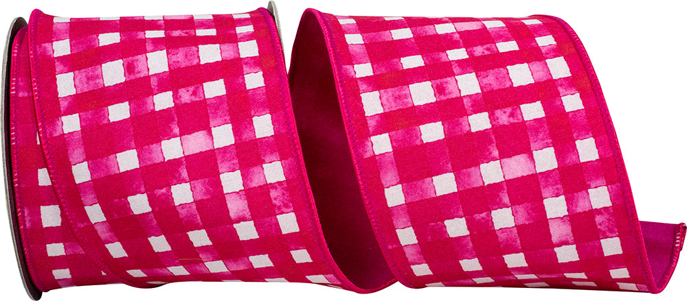 4" X 10 YARDS WATERCOLOR CHECK DELUXE DUPIONI BACKED RIBBON HOT PINK Wired Ribbon - Burlap and Bling Decor