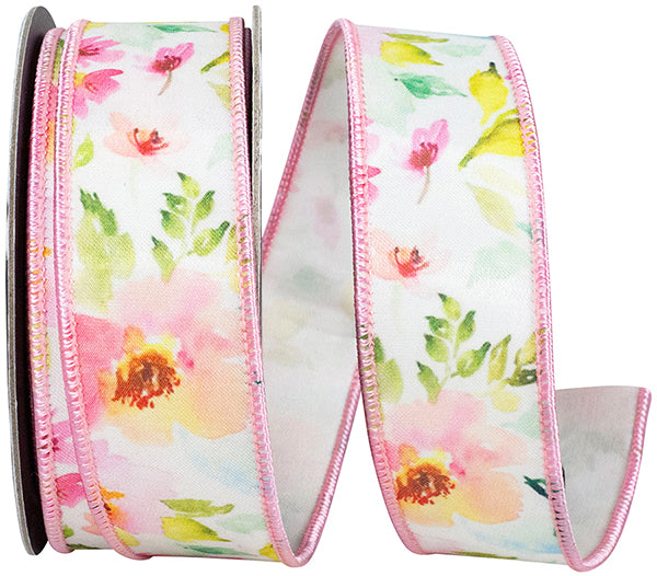 1.5" X 10 YARDS WATERCOLOR FLOWERS DELUXE FUSED RIBBON WHITE/PINK Wired Ribbon - Burlap and Bling Decor
