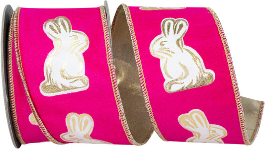 2.5" X 10 YARDS GILDED BUNNY DELUXE METALLIC BACKED RIBBON FUCHSIA Wired Ribbon - Burlap and Bling Decor