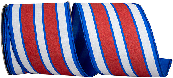 4"X10YDS Heartland Stripe Dupioni Fused Backed Wired Ribbon, Red/white/blue - Burlap and Bling Decor