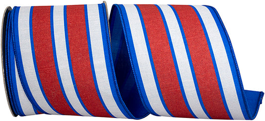4"X10YDS Heartland Stripe Dupioni Fused Backed Wired Ribbon, Red/white/blue - Burlap and Bling Decor