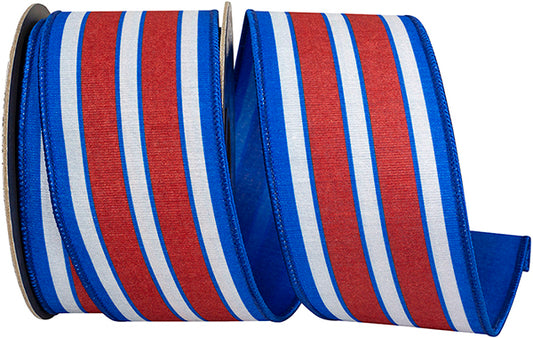 2.5"X10YDS Heartland Stripe Dupioni Fused Backed Wired Ribbon, Red/white/blue - Burlap and Bling Decor