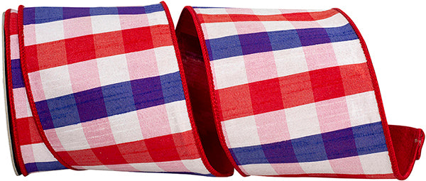 4" x 10 yards PATRIOTIC DUPIONI PLAID BACKED WIRED RIBBON - Burlap and Bling Decor