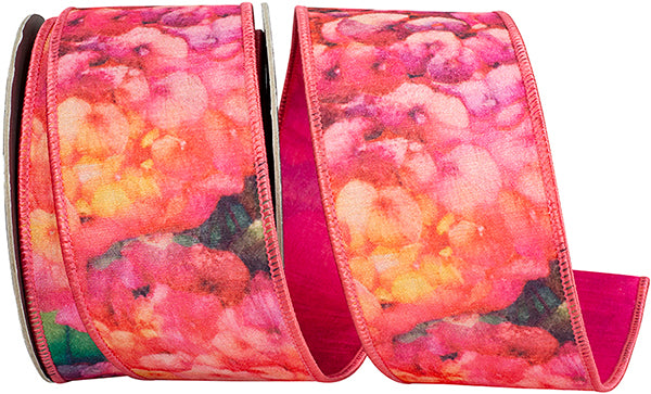 2.5" X 10 Yrds FLORAL WATERCOLOR IMPRESSIONS AZALEA DUPIONI FUSED BACKED EDGE - Burlap and Bling Decor