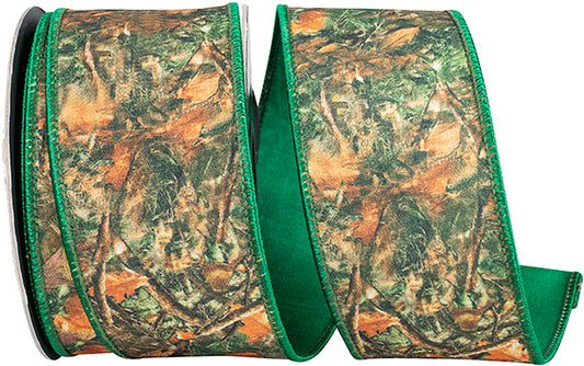 2.5" X 10 Yrds FOREST WALKWAY CAMOUFLAGE DUPIONI FUSED BACKED WIRED RIBBON - Burlap and Bling Decor