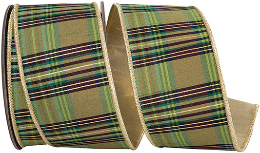 2.5" X 10YDs Ribbon - Willow Plaid Fused Metallic Dupioni Backed Wired Edge Ribbon. Moss