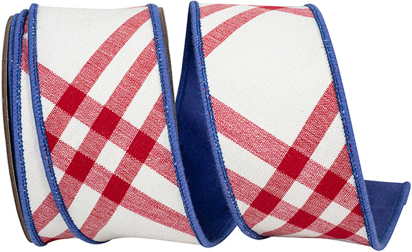 2.5"X10YDS Canvas Country Americana Fused Satin Backed Wired Ribbon, Red/blue - Burlap and Bling Decor