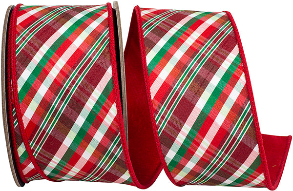 2.5" X 10YDs Ribbon - Spearmint Diagonal Plaid Fused Dupioni Backed Wired Edge Ribbon, Red/green