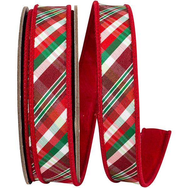 1" X 10YDS Ribbon - Spearmint Diagonal Plaid fused Dupioni Backed Wired Edge Ribbon, Red/green