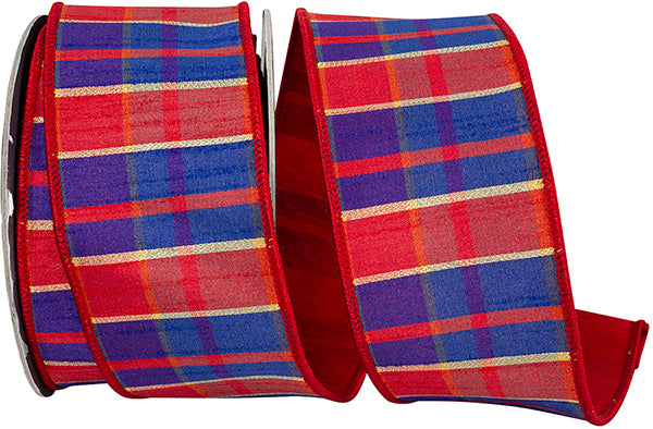 2.5" X 10YDS Ribbon • Plaid Style Dupioni Fused Duplonl Backed Wired Edge Ribbon, Red/royal