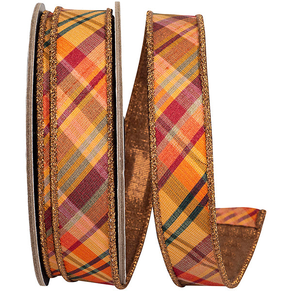 1" X 10YDS Ribbon • Tierra Tonal Diagonal Plaid Fused Metallic Backed Wired Edge Ribbon, Copper