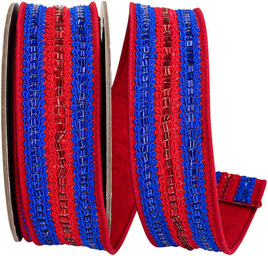 1.5" X 5 Yrds TRIMMING LINES DELUXE FUSED BACKED WIRED RIBBON Red/Blue - Burlap and Bling Decor