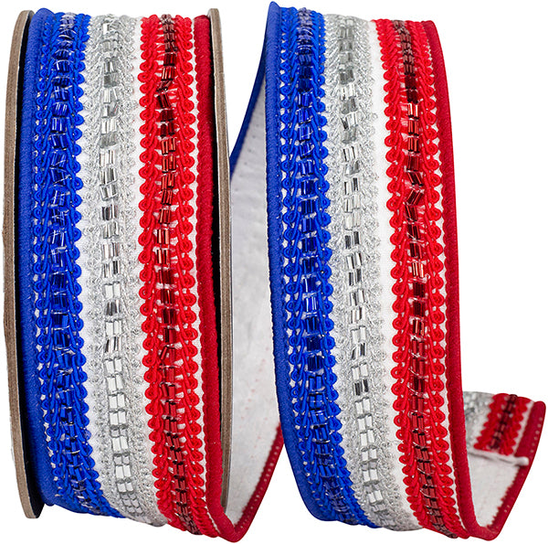 1.5" X 5 Yrds TRIMMING LINES DELUXE FUSED BACKED WIRED RIBBON Red white blue - Burlap and Bling Decor