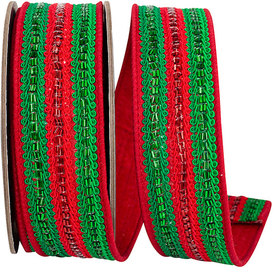 1.5" X 5YDS Ribbon • Trimming Lines Deluxe Fused Backed Wired Edge Ribbon. Red/green
