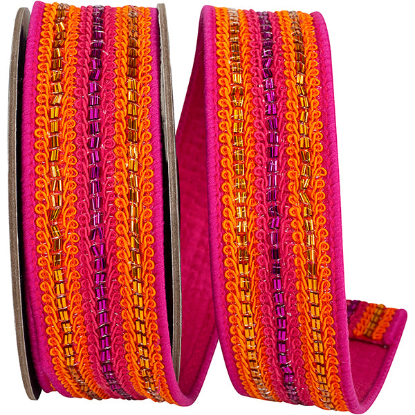 1.5" X 5 YDS TRIMMING LINES DELUXE FUSED BACKED WIRED EDGE RIBBON FUSCHIA/ORANGE