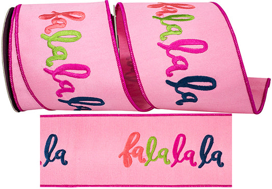 4" X 5YDS Ribbon - Fa-la-la-la Embroidered Dupionl Fused Backed Wired Edge Ribbon, Pink