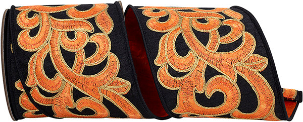 4" X 5YDs Ribbon • Scroll Embroidery Intertwined Fused Backed Wired Edge Ribbon, Black/orang
