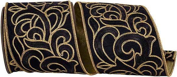 4" X 5YDS Ribbon - Scroll Embroidery Intertwined Fused Backed Wired Edge Ribbon, Black/gold