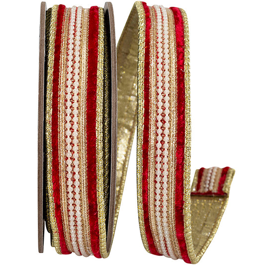 1" X 5YDS Ribbon • Velvet Trim Accent Fused Metallic Backed Wired Edge Ribbon RED