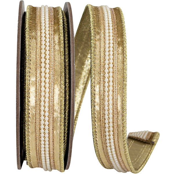 1" X 5YDS Ribbon • Velvet Trim Accent fused Metallic Backed Wired Edge Ribbon, Antique Gold