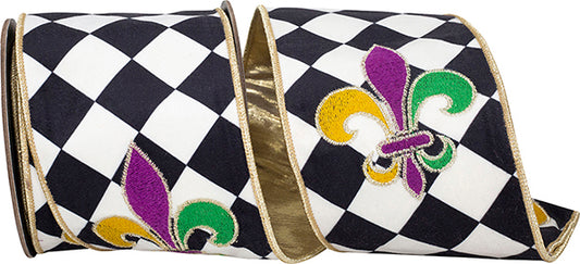 4" X 5 Yrds FLEUR DE LIS EMBROIDERY HARLEQUIN VELVET METALLIC DUPIONI BACKED WIRED RIBBON