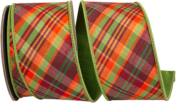 2.5" X 5 YRDS PLAID TIERRA SAGE DIAGONAL FUSED DUPIONI BACKED WIRED RIBBON