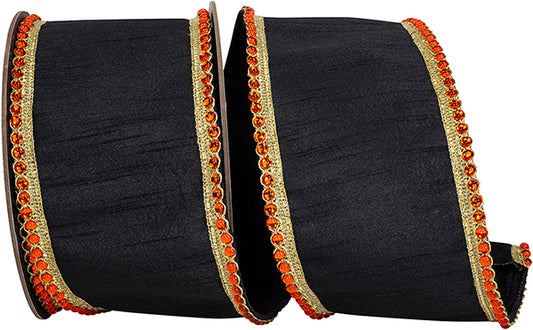 4" X 5YDs Ribbon • Regal Jeweled Edge Trimming Dupioni Fused Backed Wired Edge Ribbon, Black