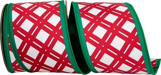 4" X 10YDS Ribbon - Double Lattice Fashion Fused Dupioni Backed Wired Edge Ribbon, Red/gree
