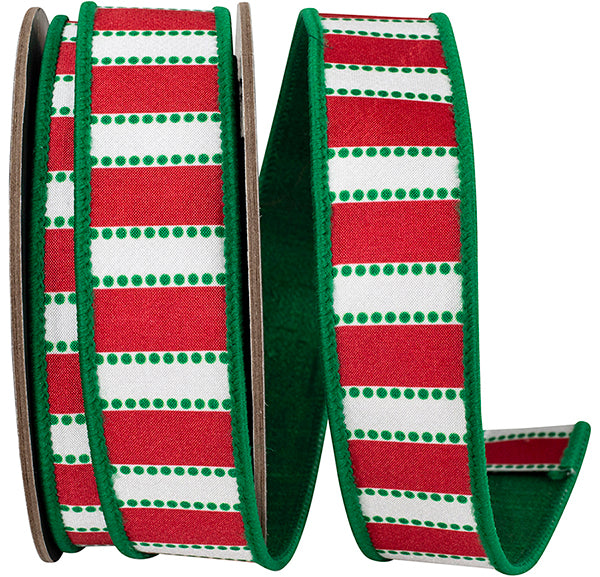1.5" X 10 Yrds DOTS AND BARS STRIPED RED/GREEN FUSED DUPIONI BACKED WIRED RIBBON - Burlap and Bling Decor