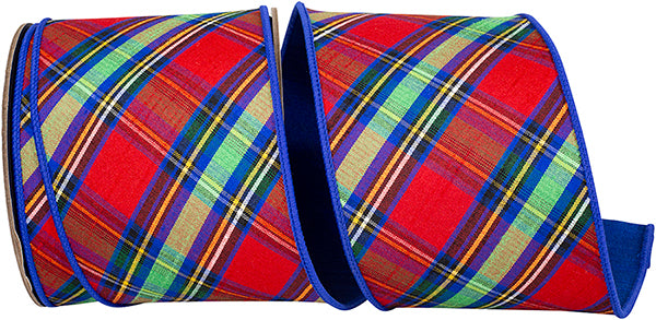 4" X 10 YRDS DIAGONAL PLAID KAMILS TRADITION DUPIONI FUSED BACKED WIRED RIBBON