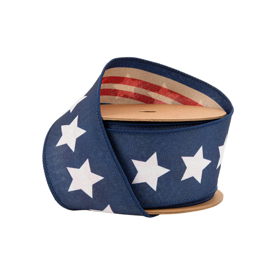 2 1/2" X 10YD Wired Ribbon Natural Patriotic Blue Star