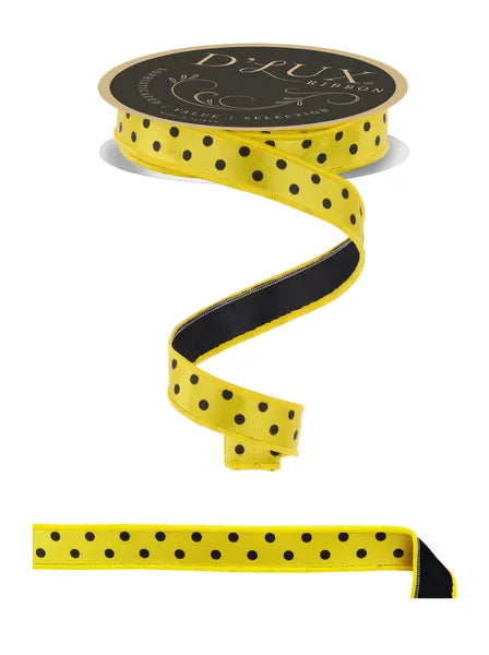 7/8"X10YD SMALL POLKA DOT/FUSED YELLOW/BLACK WIRED RIBBON - Burlap and Bling Decor
