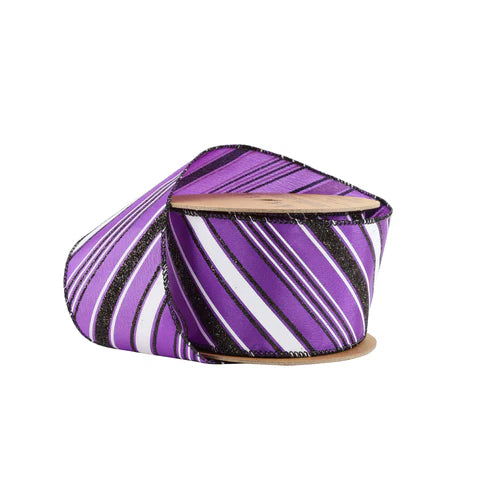 2 1/2" Wired Ribbon Candy Stripe on Purple 10 Yard - Burlap and Bling Decor