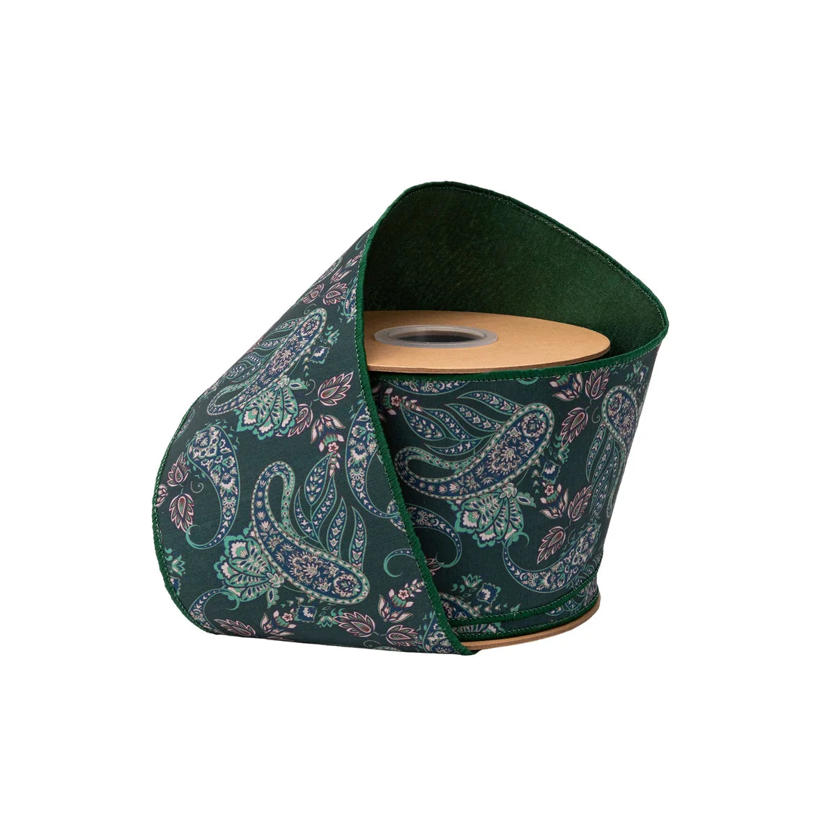4"X10YDS DUPIONI PAISLEY EARTHTONES W/ GREEN BACKING WIRED RIBBON