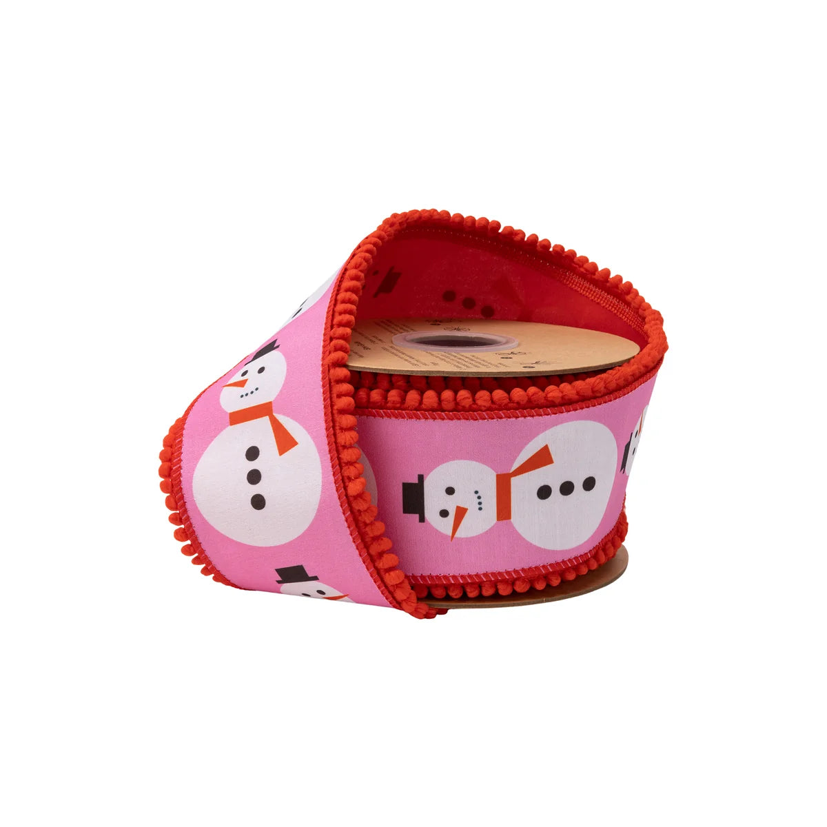 2.5"X10YDS DUPIONI MODERN SNOWMAN ON PINK W/ RED BACKING WIRED RIBBON
