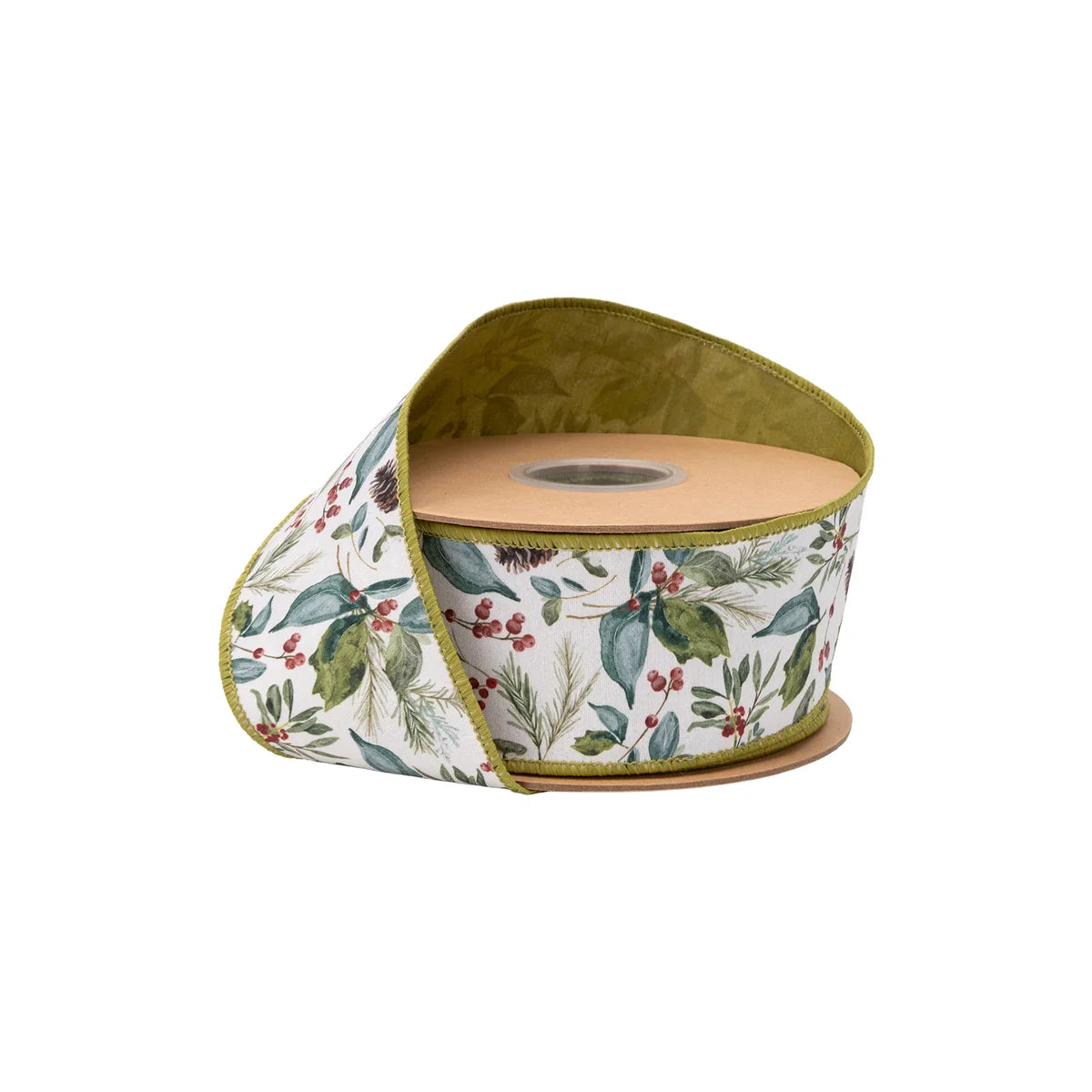 2.5"X10YDS DUPIONI CHRISTMAS FLORAL AND BERRIES W/ GREEN BACKING WIRED RIBBON