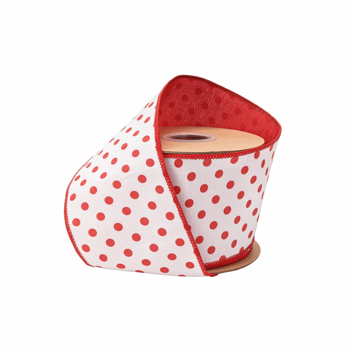 4"X10YDS DUPIONI RED POLKA DOTS ON WHITE W/ RED BACKING WIRED RIBBON