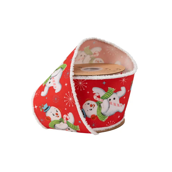 4"X10YDS DUPIONI RETRO SNOWMAN ON RED W/ POM POM EDGE W/ WHITE BACKING WIRED RIBBON