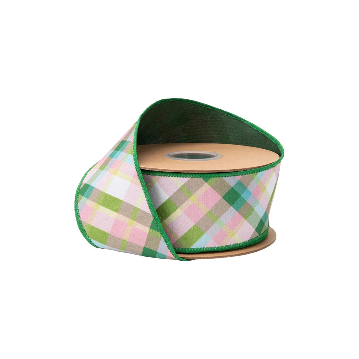 2.5"X10YDS DUPIONI PINK AND GREEN BIAS PLAID W/ GREEN BACKING WIRED RIBBON