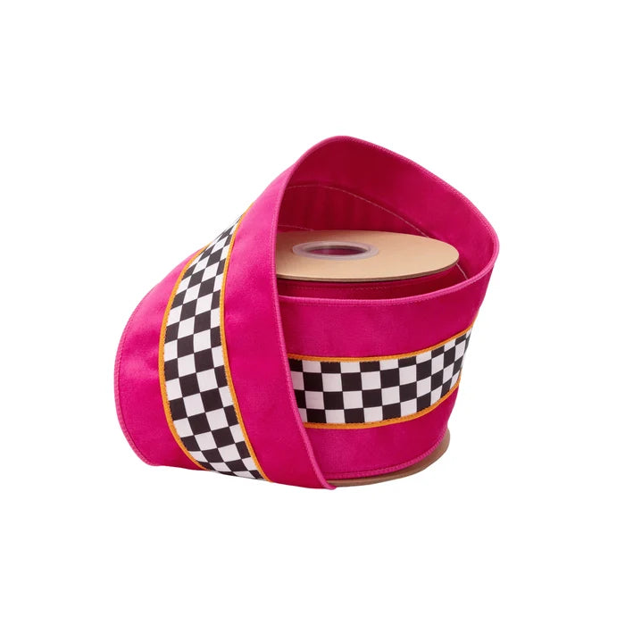 4" x 10YDS Wired Velvet Plain Weave Fabric Ribbon I Black/White Checks with
Pink/Orange Stripe w/Pink Backing