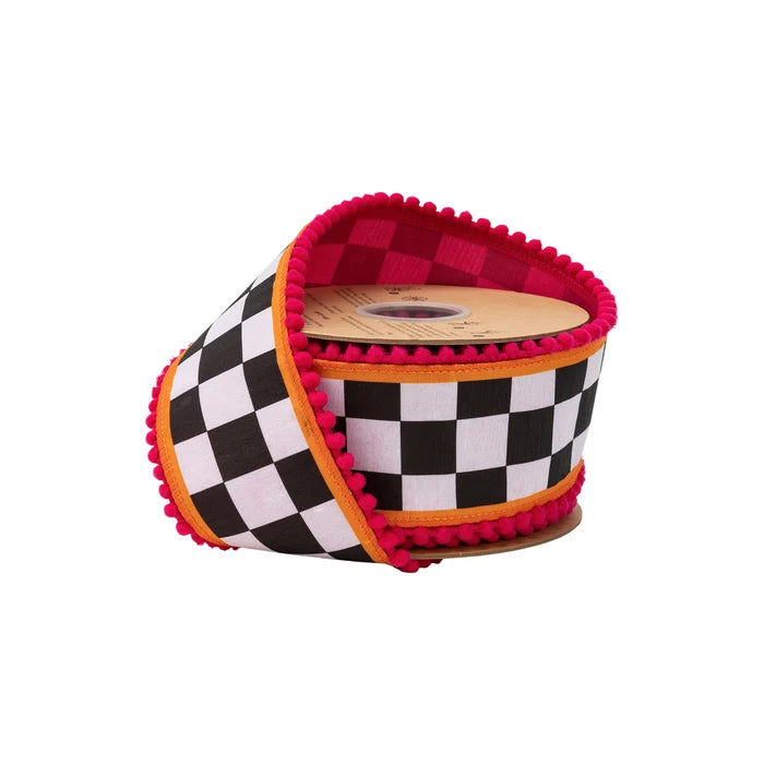 2 1/2" x 10YDS Wired Dupioni Ribbon I Large Black/White Check with Orange and
Pink Pom Pom Edging wl Pink Backing