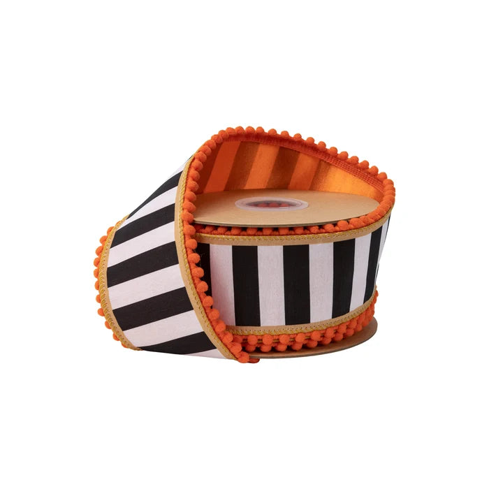 2 1/2" x 10YDS Wired Dupioni Ribbon I Black/White Stripe wl Gold and Orange
Pom Pom Edging w/ Satin Orange Backing