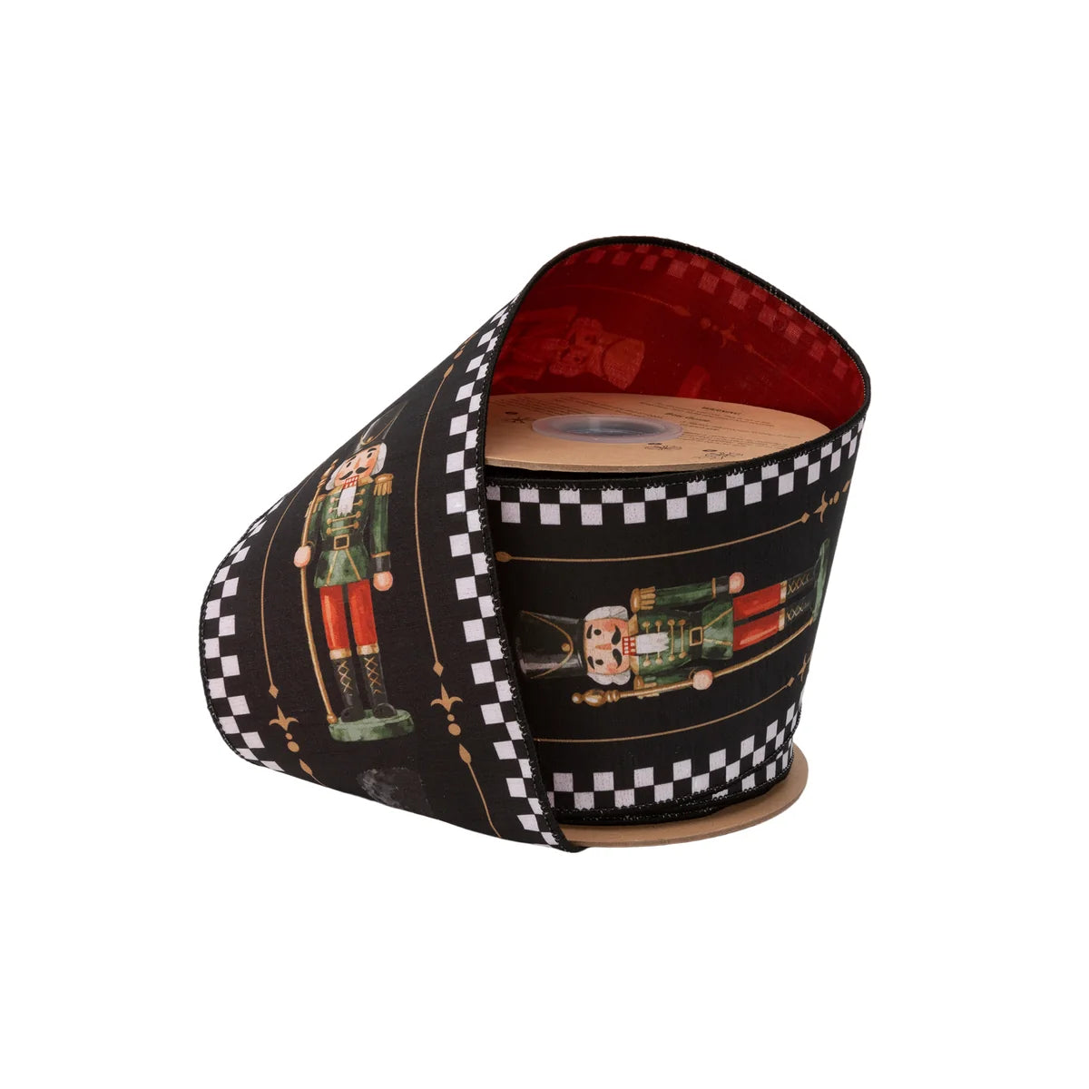 4"X10YDS DUPIONI BLACK/WHITE CHECK NUTCRACKER ON BLACK W/ RED BACKING WIRED RIBBON