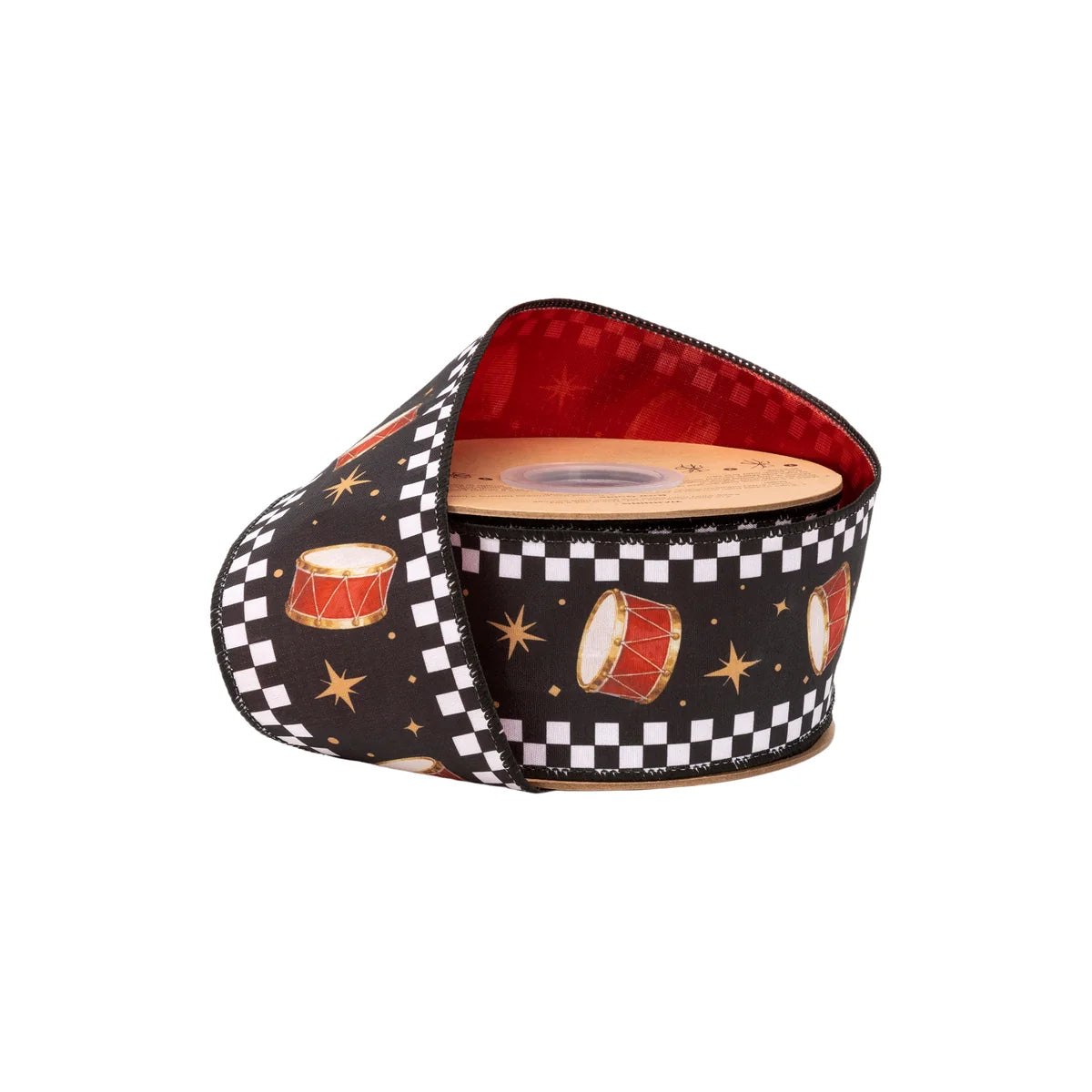 2.5"X10YDS DUPIONI BLACK/WHITE CHECK DRUMS ON BLACK W/ RED BACKING WIRED RIBBON