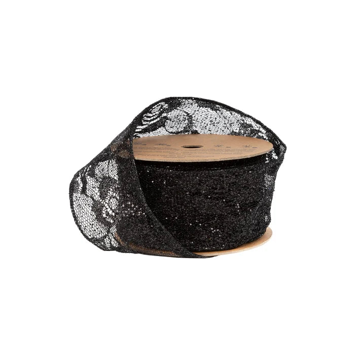 2 1/2"x 10YDS Wired Ribbon I Black Glitter Lace