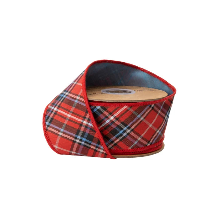 2.5" X 10Yds Wired Ribbon I Red/Blue/Black Woven Plaid wl Blue Dupioni