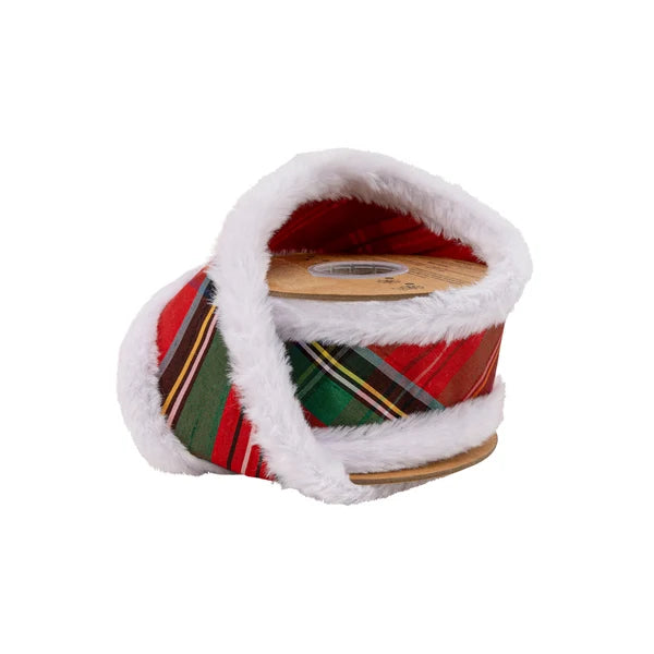 2.5"X10YDS CHRISTMAS PLAID W/ FUR TRIM WIRED RIBBON